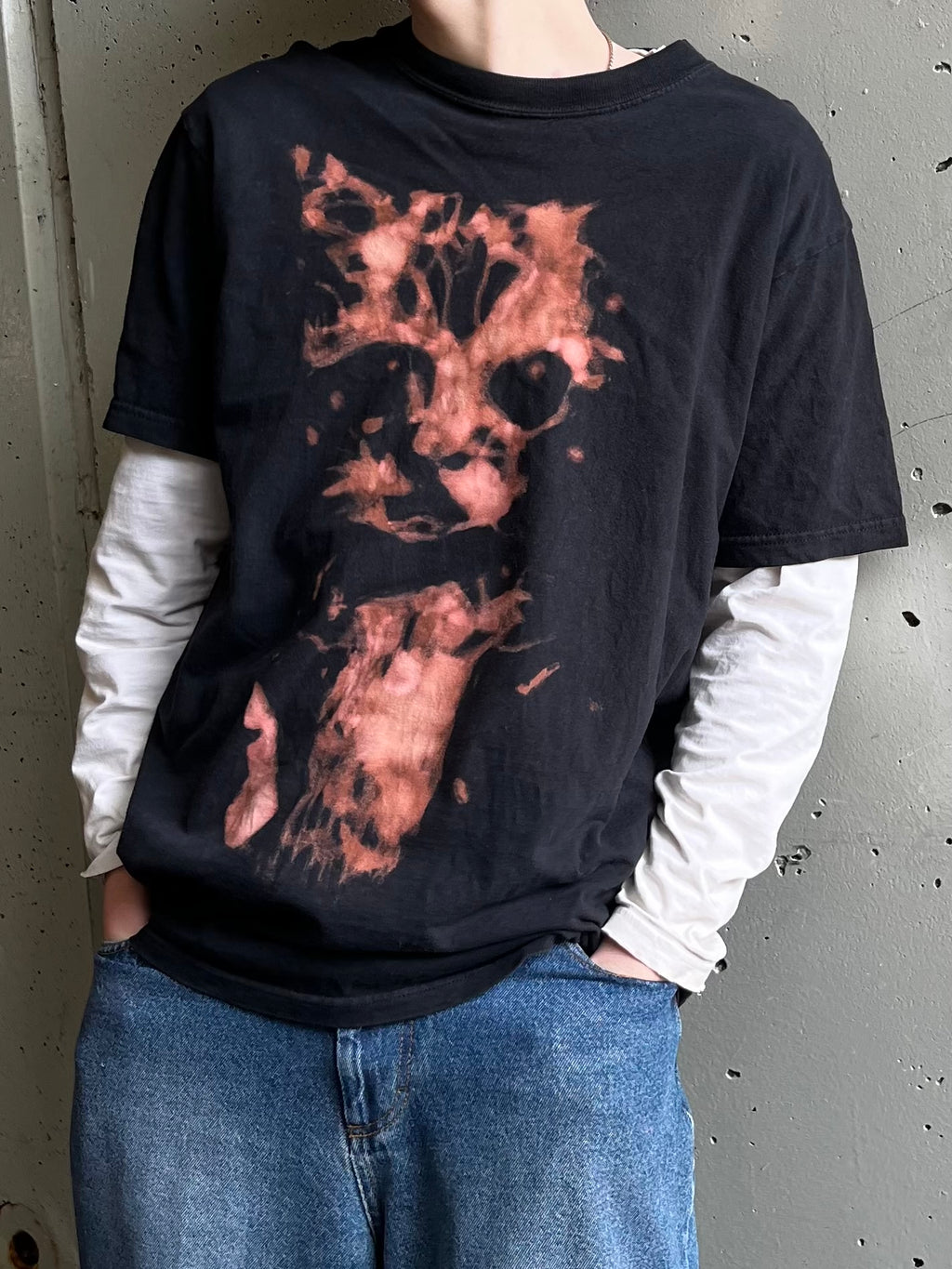 Bleached Short Sleeve Cat Design Shirt