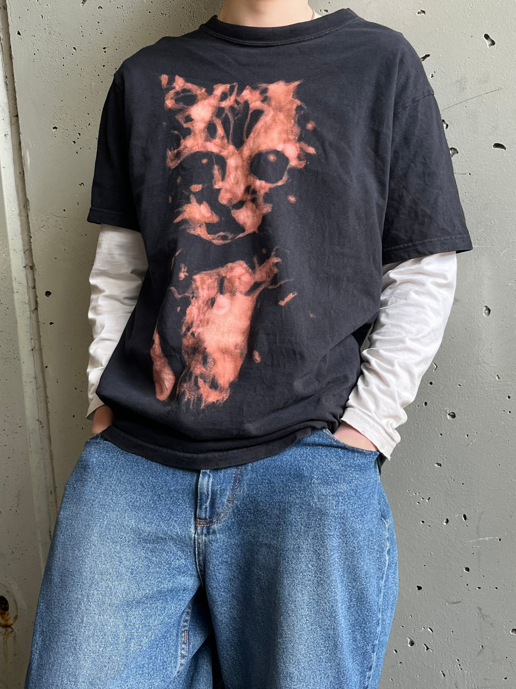 Bleached Short Sleeve Cat Design Shirt