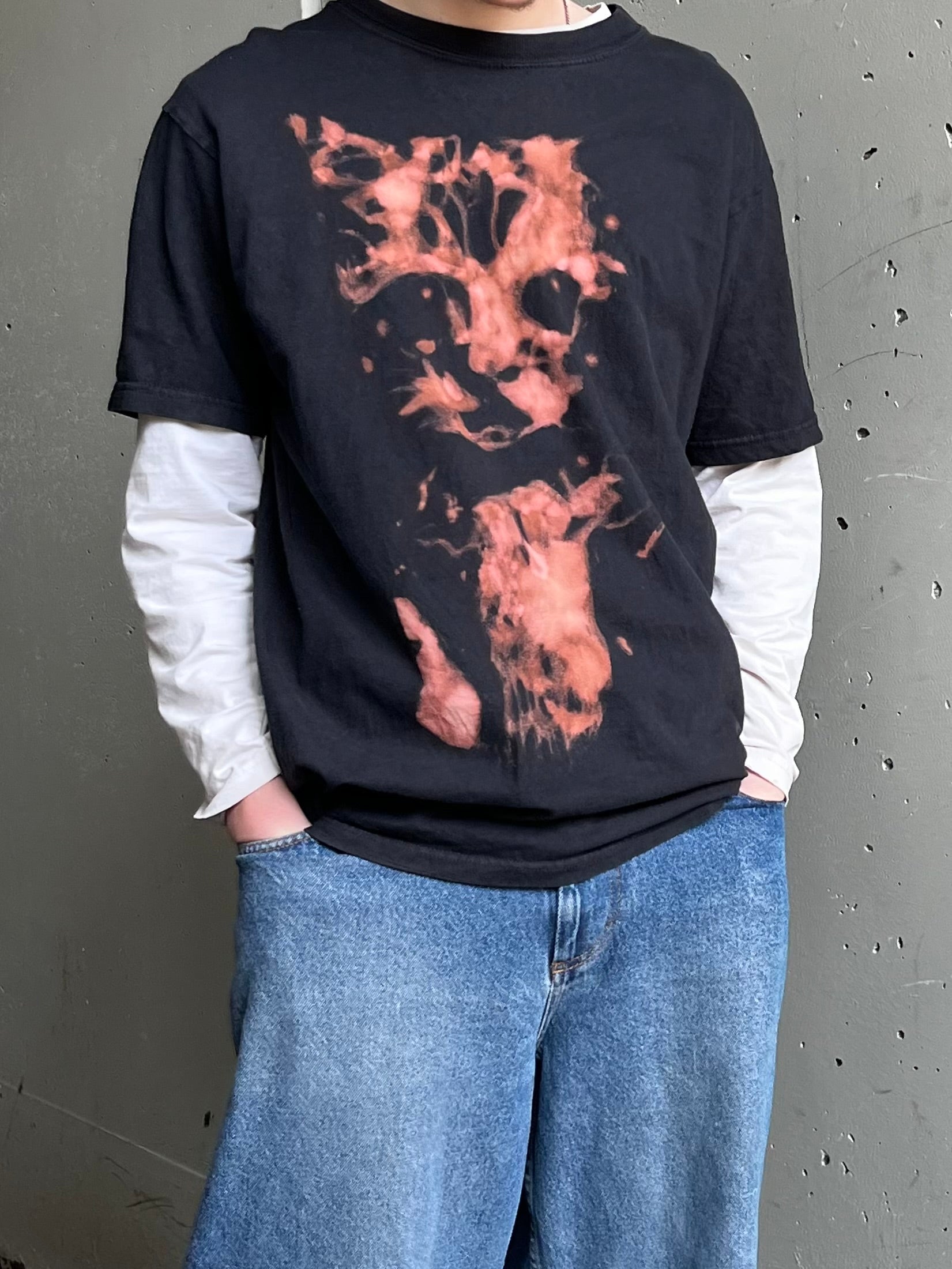 Bleached Short Sleeve Cat Design Shirt