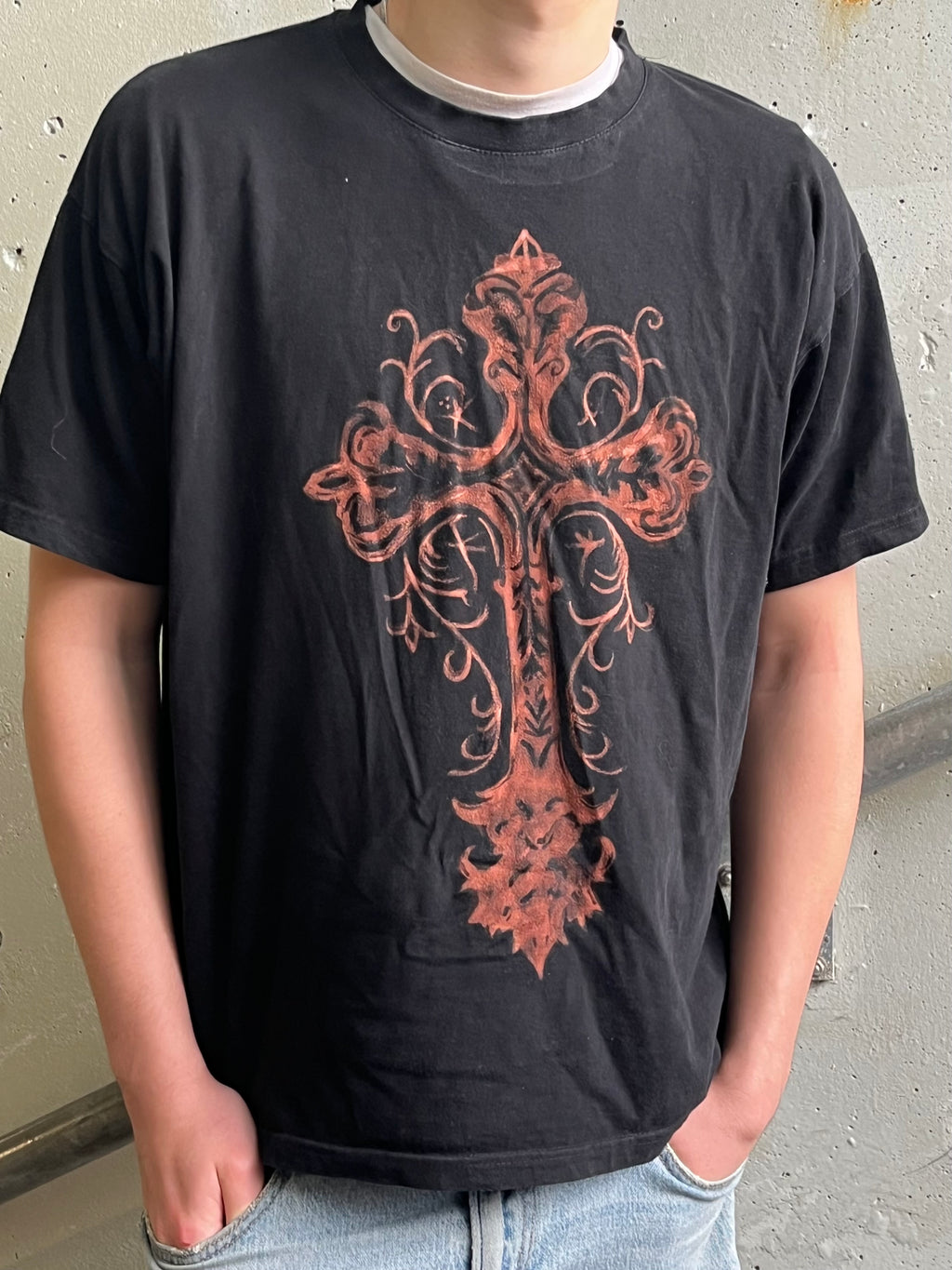 Bleached Short Sleeve Cross Design Shirt