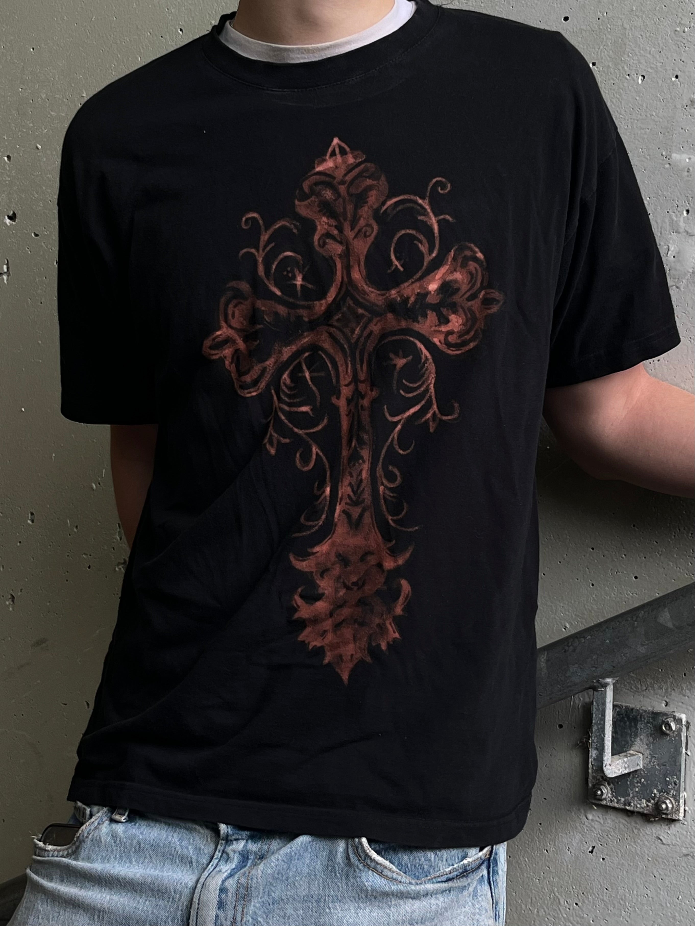 Bleached Short Sleeve Cross Design Shirt
